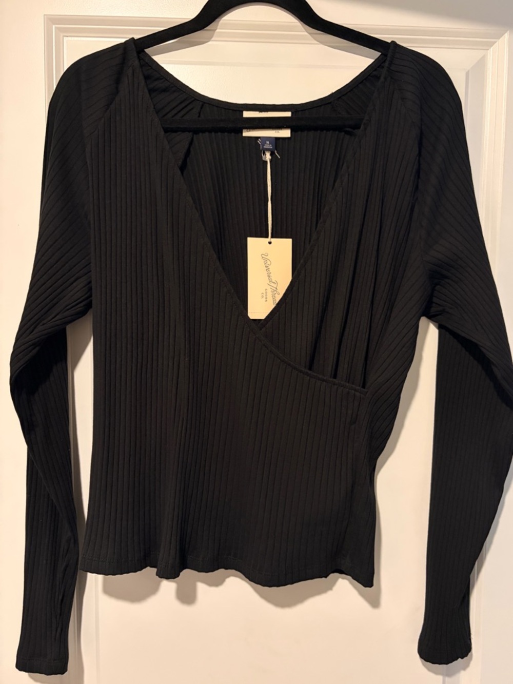Universal Thread Black Ribbed Wrap-Front Long Sleeve Top
